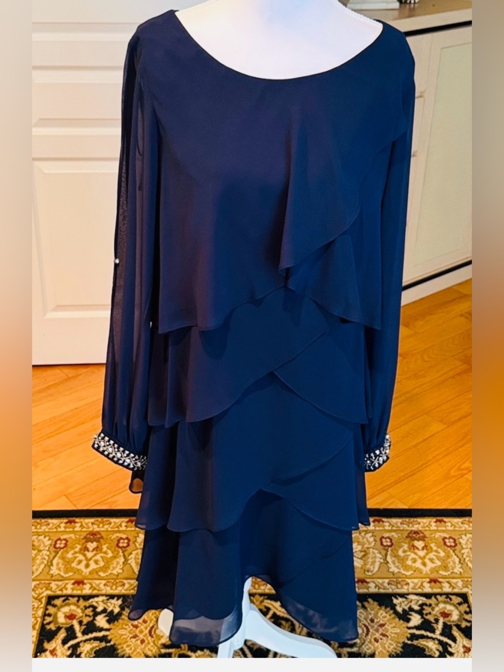 SLNY Elegant Navy Blue Ruffle Dress with Beaded double cold shoulder sleeve